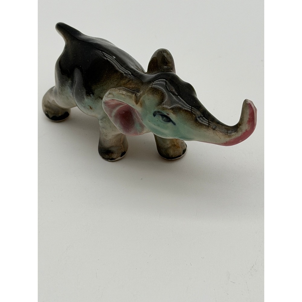 Vintage Ceramic Elephant Figurine Trunk Up Lucky Gray Glossy Hand Painted MCM